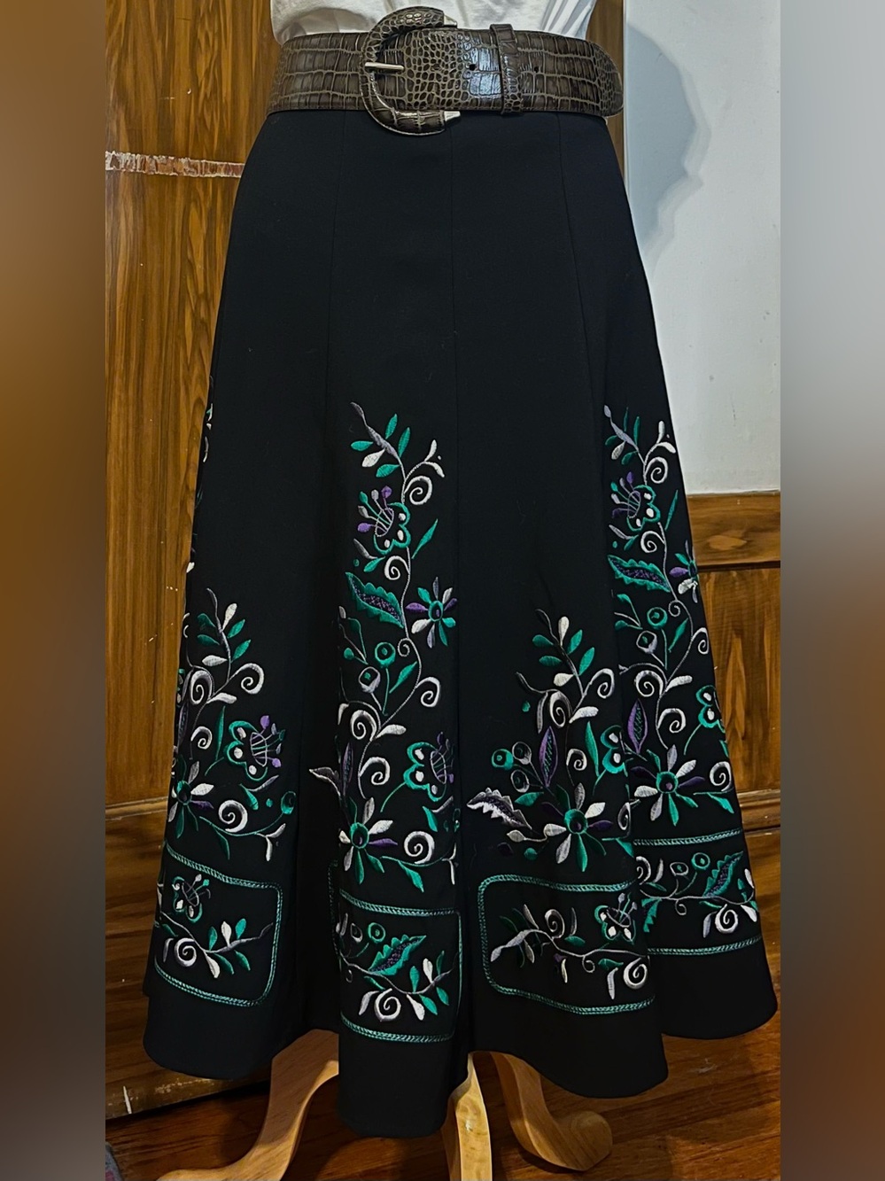 Black Embroidered A-Line Midi Skirt with Teal & Purple Floral Detail